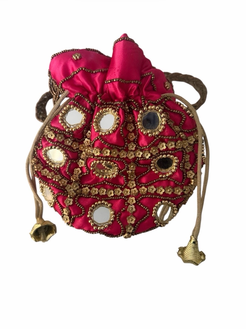 Embellished Pink Drawstring Potli Bag with Gold Mirrorwork